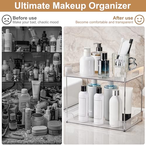 Goderewild 2-Tier Bathroom Counter Organizer, Multi-Purpose Cosmetics Skincare Shelf, Fits A4 Size Makeup Organizer for Office and Vanity Tray, Countertop Storage Solution for Kitchen,Bath.(Clear) - size: 2-Tier