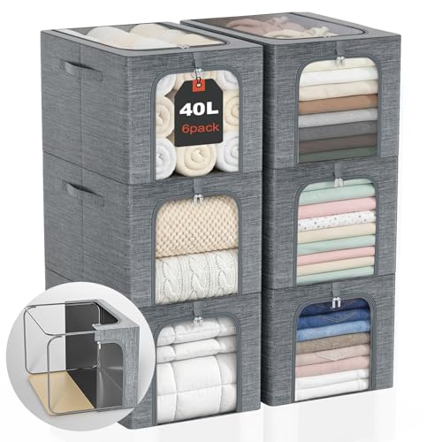 GoMaihe Clothes Storage Bin with Metal Frame: 6-Pack Stackable Closet Storage Bin with Lid & Clear Window, Sweater Boxes Storage for Closet Bedding Clothing Storage Organizer 40L - color: 6, size: 40L