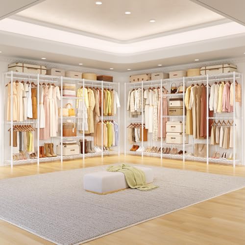 ONBRILL F5 Extra Large Industrial Pipe Clothing Rack, Freestanding Portable Closet Organizer System with Shelves & Hanging Rods, 88.6'' Wide Heavt Duty Clothes Rack, Max Load 1300lbs, White - color: White
