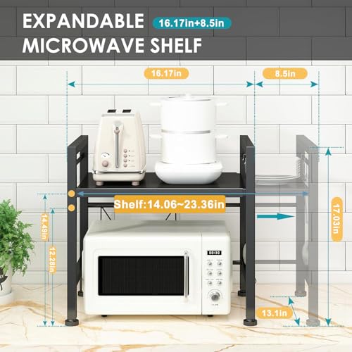 DOLALIKE Microwave Oven Rack, Expandable Microwave Stand Countertop Kitchen Utensils Tableware Storage, Carbon Steel Over Microwave Shelf Countertop with 3 Hooks - color: Black, size: 2 Tier (Without Spice Rack)