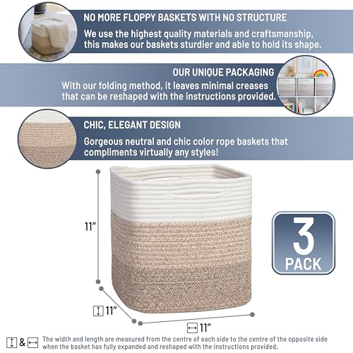NaturalCozy Storage Cubes 11 Inch Cotton Rope Woven Baskets for Organizing, 3-Pack | Cube Storage Bin | Square Storage Baskets for Shelves Organizer, Classroom, Kids Toy Bins, Closet, Baby Nursery - color: 3-Tone Brown