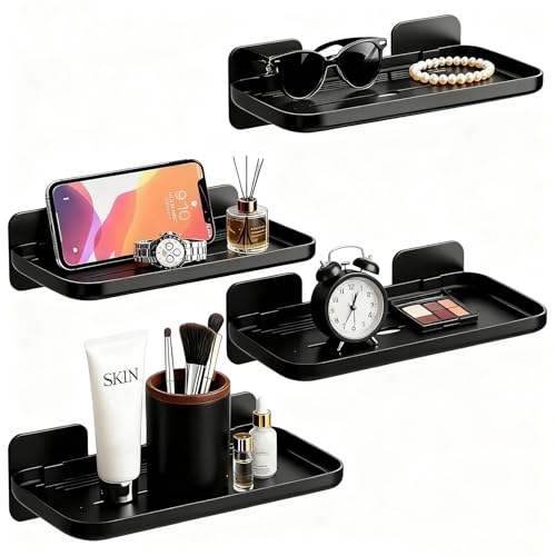 FAYYGYH 2 Pack Adhesive Floating Shelves No Drill Small Floating Shelf for Wall Storage Damage-Free Wall Mounted Organizer for Bathroom, Kitchen, Bedroom & Office (Black-4pcs) - color: Black-4pcs