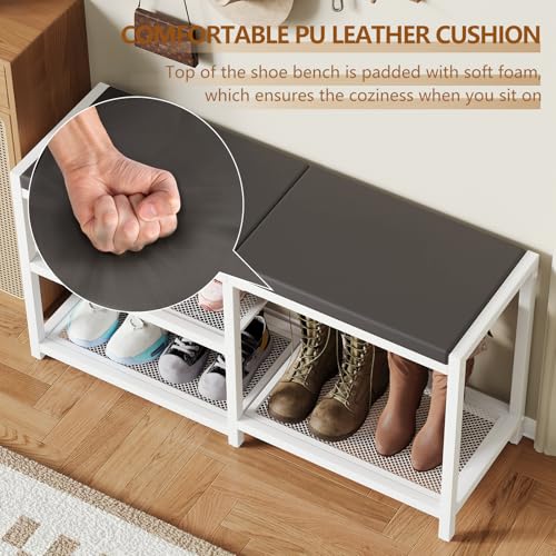 ZHOOGE Shoe Bench & Rack Storage Bench with Seat Cushion, Stable Entryway Bench Holds Up to 300 lb, (35" L x 12" W x 17" H, White) - color: White, size: 35"L x 12"W x 17"H
