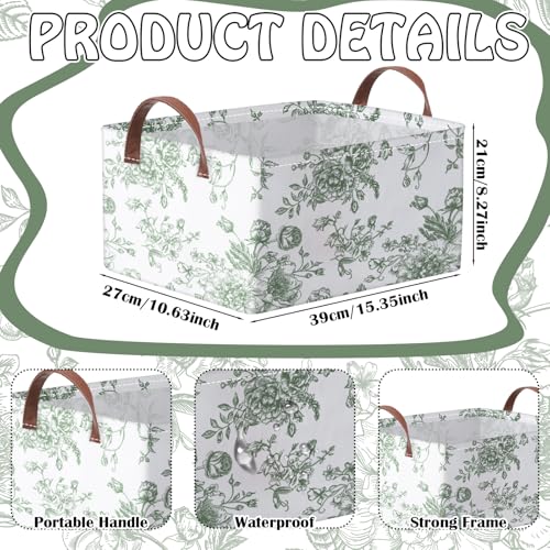 Boao 3 Pcs Sage Green Floral Storage Bin Collapsible Large Storage Baskets for Gifts Canvas Laundry Basket Foldable Box with Handle for Office Home Bedroom Clothes - style: Green Flower