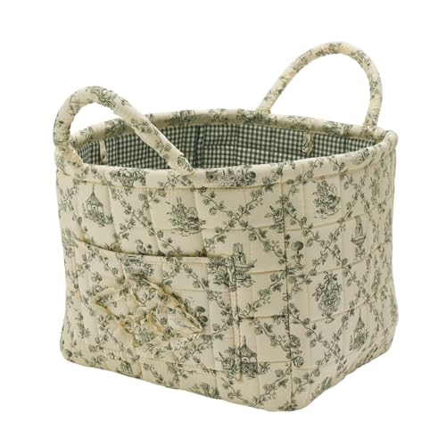 Quilted Fabric Storage Basket with Handles & Pocket, Foldable Laundry Hamper Boho Floral Print Organizer Bin for Home, Picnic, Office 12"x10"x10" (B-2) - color: B-2