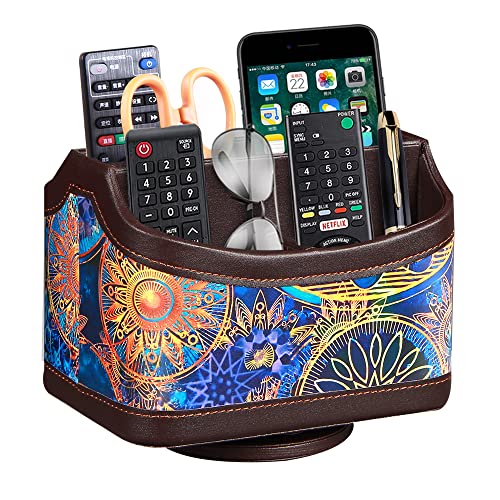 PUSU 360°Rotatable Remote Control Holder, PU Leather TV Remote Holder Caddy for Table, Bright and Colorful Art Supply Organizer Pen Holder, Multi-Functional Desk Organizer Living Room Office Decor - color: Datura