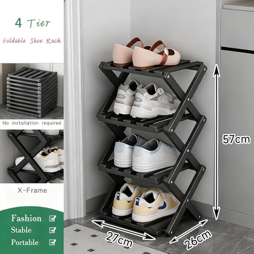 Vertical Black Shoe Rack Small, 4 Tier Portable Folding Shoe Storage Rack, Without Installation Free Standing Shoe Rack for Corridors, Bedrooms Living Room Corner and Small Spaces - size: 4 Tier&Black