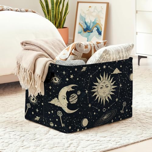 56L Sun Stars Moon Laundry Basket Clothes Hamper with Handles,Foldable Blanket Storage Large Laundry Hamper with Waterproof PE,Toy Storage Bin Organizer,Cube Clothes Organizer,Home Decor - color: Sun Stars Moon