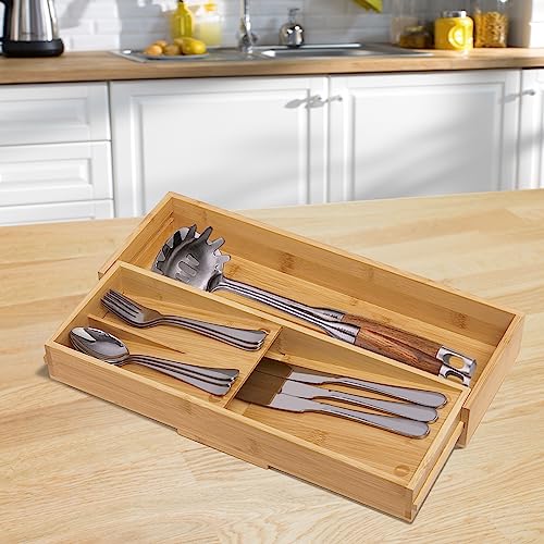 guiogc Bamboo Kitchen Drawer Organizer, Silverware Organizer Expandable Utensil Holder with Removable Knife Block, Cutlery Tray with Drawer Dividers for Kitchen Utensils and Flatware - size: L