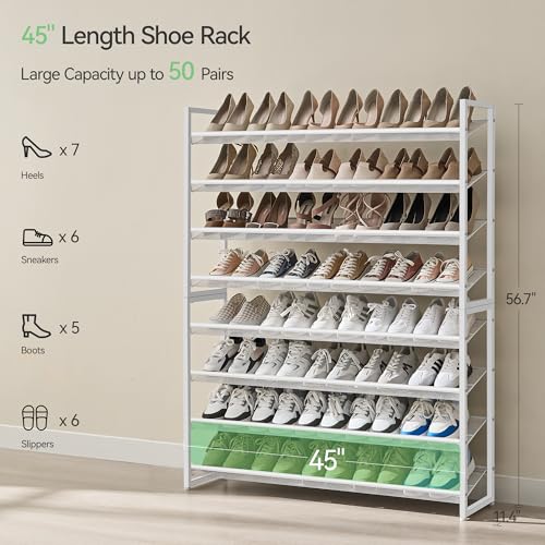 Nunsino Shoe Rack, Long Shoe Organizer,Max Holds 50 Pairs,8 Tier Metal Shoe Storage Shelf,4-Tier Stackable Shoes Organizer for Garage, Entryway,White - color: White, size: 8 Tier