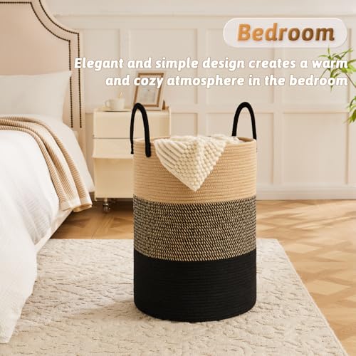 Artfeel Laundry Basket,Woven Cotton Rope Laundry Hamper,80L for Decorative Storage of Dirty Clothes,Toys and Blankets in Bathroom,Bedroom and Living Room - color: Black & Brown, size: 80L