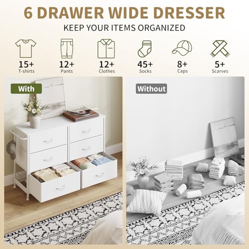 Dresser for Bedroom with 6 Drawers, Small Fabric Dressers for Kids Bedroom, Chest of Drawers, Storage Organizer Dresser for Closet, Nursery, Dorm, Apartment, TV Stand Living Room Wooden Top (White) - color: White, size: 11.8"D x 39.4"W x 25.6"H (6 Drawers