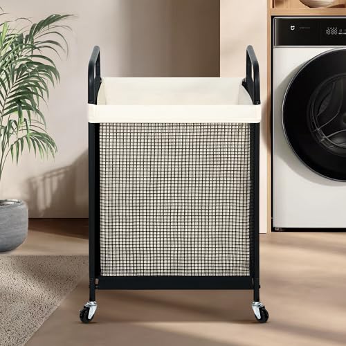 STO STO Laundry Hamper, 90L Rolling Laundry Sorter Cart with Removable and Washable Liner Bag, Clothes Hamper with Wheels and Metal Handle for Laundry Room and Bedroom - color: Beige, size: 1-Section