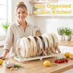 Foldable Pots and Pans Organizer Under Cabinet, 8 Adjustable Stainless Steel Dividers,28.5" L x 9.1" W x 9.9" H Expanded, Folds Flat, Heavy Duty Kitchen Cabinet Organizer with Lid Holder