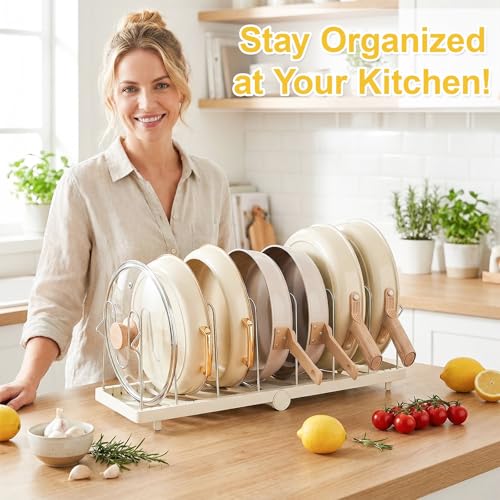 Foldable Pots and Pans Organizer Under Cabinet, 8 Adjustable Stainless Steel Dividers,28.5" L x 9.1" W x 9.9" H Expanded, Folds Flat, Heavy Duty Kitchen Cabinet Organizer with Lid Holder