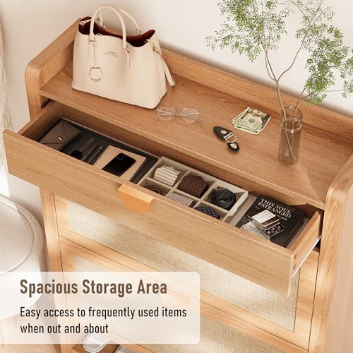 INNOD Rattan Shoe Storage Cabinet, Shoe Organizer with 2 Flip Drawers, Narrow Shoe Cabinet, Free Standing Hidden Shoe Storage, Shoe Rack for Entryway/Hallway/Closet, Natural Oak