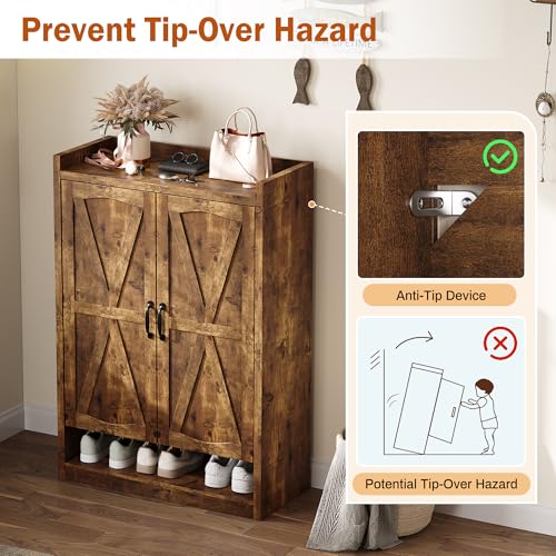 BINGTOO 45" Tall Farmhouse Shoe Storage Cabinet with Doors, Large Shoe Organizer with 4 Adjustable Shelves, Extra Deep Wooden Shoe Rack for Entryway, Foyer, Hallway (Brown, 1 Cabinet) - color: Brown, size: 1 Cabinet