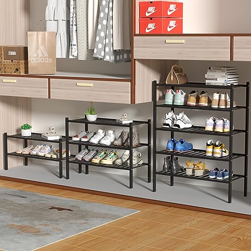 ROMGUAR CRAFT 4 Tier Bamboo Shoe Rack for Closet Free Standing Wood Shoe Shelf for Entryway Small Space Stackable 27"x11"x26" (Black) - color: Black, size: 4 tier