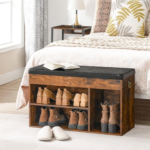HOOBRO Shoe Storage Bench with Cushion, 32.3'' Entryway Bench with Lift Top Hidden Storage and Adjustable Shelves, Wooden Shoe Rack Bench for Entryway Bedroom, Rustic Brown and Black BF40HX01 - color: Rustic Brown + Black