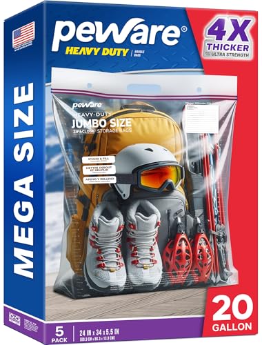 20 Gallon Heavy Duty Jumbo Storage Bags with Handle – 24" x 34" Resealable Zipper Top, Oversized Storage Solution for Clothes, Food, Pillow, Bedding, Household, BPA-Free, Pack of 5, 6 Mil Thick - size: 24x34 6mil Pack5