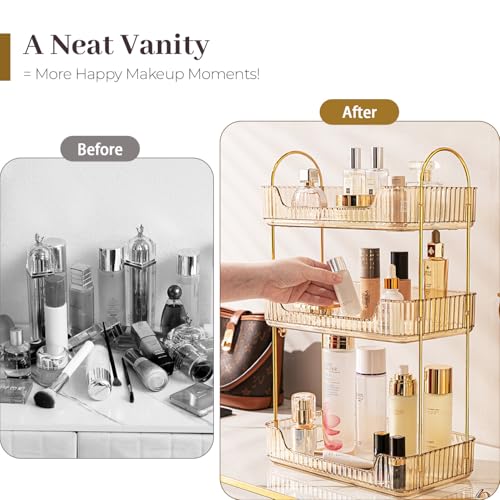 Bathroom Counter Organizer Countertop, 3 Tier Makeup Perfume Shelf Storage, Skincare Cosmetic Tray for Dresser Vanity - Gold - color: Amber Gold, size: 3 Tier