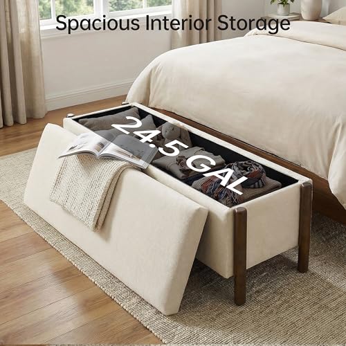 Usaint Wooden Storage Ottoman Bench, 47" Fabric Upholstered End of Storage Bench with Rubberwood Legs, Entryway Bench with Storage for Bedroom, Living Room, Reception, Cloakroom, Beige - color: Beige