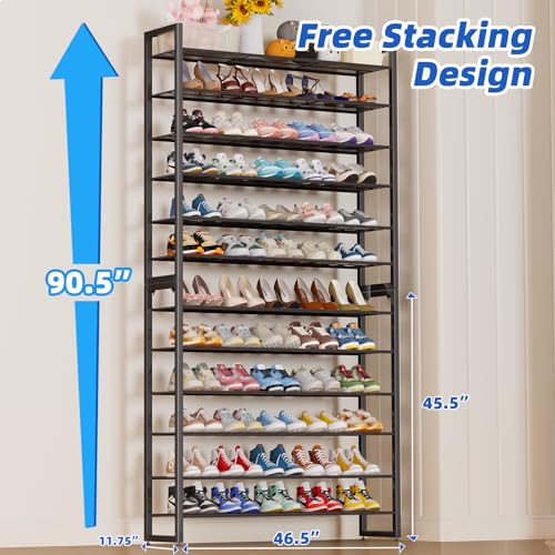 Simple Trending 12 Tier Shoe Rack Holds 60 Pairs, Sturdy Tall Shoe Organizer, Heavy Duty Large Metal Stackable Shoe Shelf for Entryway, Closet, Bedroom, Black - color: Black, size: 12 Tiers