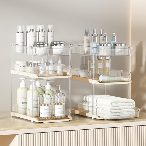 Delamu 2 Pack 3-Tier Bathroom Under Sink Organizers and Storage, Multi-Purpose Stackable Pantry Organization and Storage, Pull Out Clear Kitchen Bathroom Cabinet Organizer with Movable Dividers, Beige - color: Beige, size: 2 Pack 3-Tier