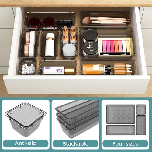 WOWBOX 44 PCS Clear Plastic Drawer Organizer Set, 4 Varied Size storage Bins and Desk Drawer Organizer tool Trays for Makeup, Gadgets, Jewelry and Utensils in Bathroom, Bedroom and Office, Clear Black - color: Black