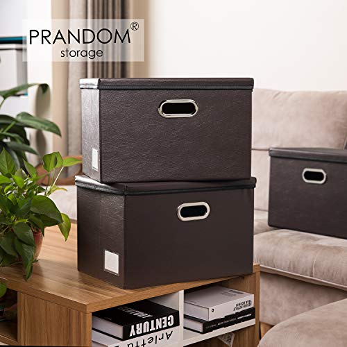 PRANDOM Collapsible Storage Bins with Lids [3-Pack] Leather Fabric Foldable Storage Boxes Organizer Containers Baskets Cube with Cover for Bedroom Closet Office Nursery Brown (14.9x10.8x10) - color: Brown, size: Medium(3-Pack)