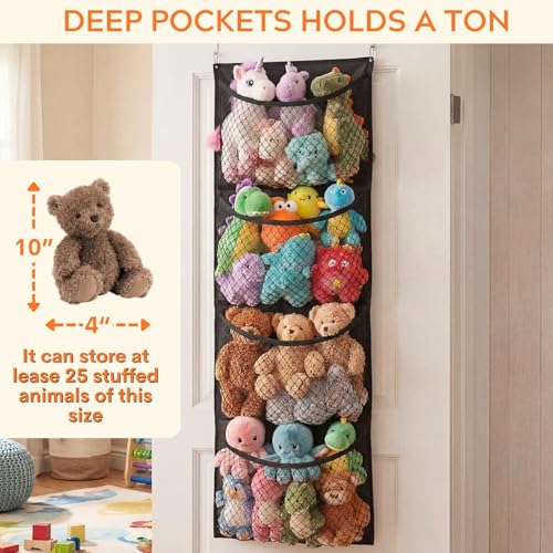Ofiray-home Over The Door Stuffed Animal Storage, Cotton Toy Organizer for Storage Plush Toys, Stuffed Animal Holder with 4 Large Pockets, Hanging Door Organizer for Nursery, Bedroom (Black) - color: Black, size: Normal