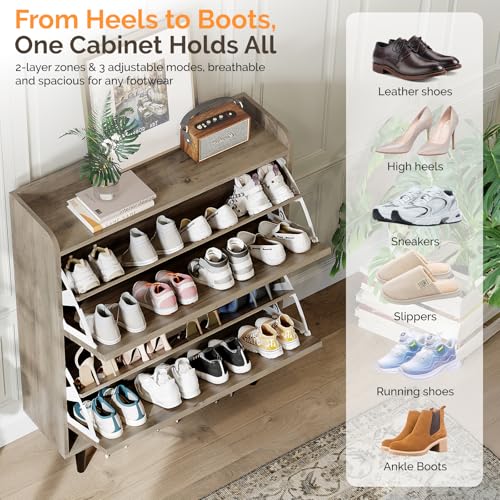 VINGLI Shoe Storage Cabinet for Entryway with 2 Flip Drawers, Ultra Slim Freestanding Entryway Shoe Organizer with Wood Tapered Legs,Hidden Closed Shoe Rack,31.6" W * 9.4" D * 39.4" H, Washed Gray - color: Washed Grey, size: 31.5"W 2 Drawers