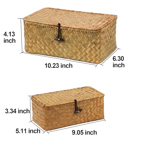Set of 2 Wicker Basket with Lid, Seagrass Woven Basket for Storage, Decorative Storage Baskets Bins for Organizing Home - size: 10.23" x 6.3" x 4.13"+ 9.05" x 5.11" x 3.34"