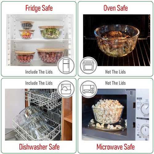 Large Stackable Set of 5 Nesting Glass Bowls with Bamboo Lids for Foodprep, Storage, Baking, Sourdough Mixing & Cooking. Microwave & Oven Safe Heat Resistant Inert Borosilicate Glass - color: 5 Mixing Bowls with Bamboo Lids (Diamond)