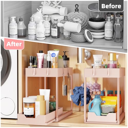 Simple Trending Under Sink Organizer 2 Pack, Sink Pull-Out Sliding Storage Cabinet, 2-Tier Under Shelf Organizer for Kitchen Bathroom, Pink - color: Pink, size: 2 pack