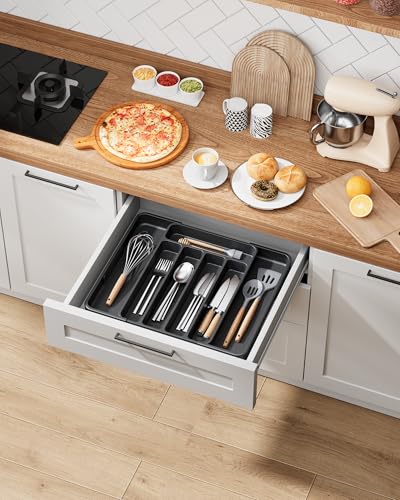 Kitsure Cutlery Drawer Organiser for Kitchen - Adjustable Cutlery Tray for Effortless Utensil Sorting, Versatile Kitchen Storage & Organisation Solution, 12.13" x 1.54" x 8.07"~13.90", Black