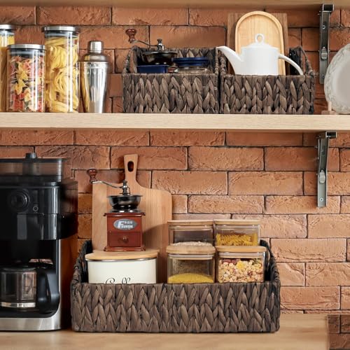 Ollieroo Rattan Storage Baskets, Handwoven Wicker Storage Bins with Built-in Handles, Storage Container Baskets for Shelves, Bedroom, Bathroom, Laundry Room or Kitchen(Black) - color: Black