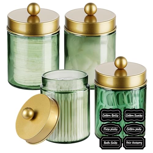 Amolliar 4 Pack Apothecary Jars Bathroom Vanity Storage Organizer Set -Countertop Canister with Stainless Steel Lids &Stickers Qtip Dispenser Holder for Cotton Swab (Green-golden Lid) - color: Green-Gold Lid P1