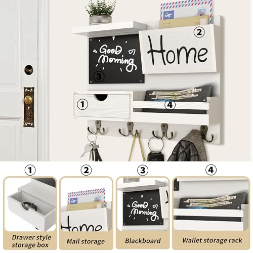 Farmhouse Key Holder for Wall with Mail Organizer - Easy Installation Wall Mount Organizer, Includes Chalkboard, Drawer, Wallet Holder & 4 Double Hooks, Ideal for Entryway, Quick Access - White - color: White
