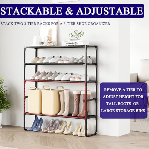 Long Shoe Rack, 3-Tier Stackable Shoe Organizer for Closet, Entryway, Hallway, Extra Bottom Layer, Holds 16-20 Pairs, Sturdy & Durable Waterproof Fabric Shelf, Space-Saving,Black(35.8" Wide) - size: 3-Black