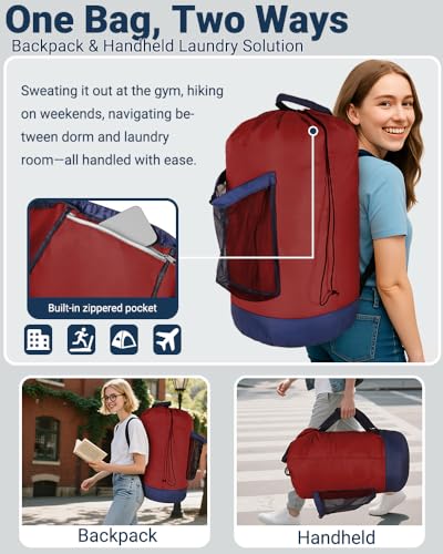 Laundry Bag with Shoulder Straps and Mesh Pocket Laundry Backpack Large Portable Laundry Hamper for College Laundromat Apartment - color: Red & Blue