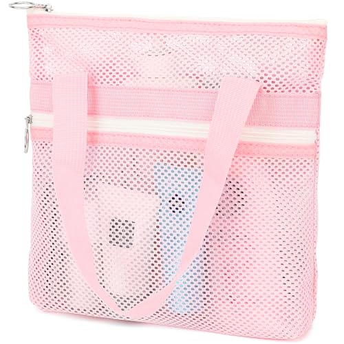 Fammart Mesh Shower Caddy Portable with Zipper & 2 Pockets - Quick Dry Shower Caddy Hanging for Travel Gym Camp Beach - Organizer Bag Bathroom Essentials for College Dorm - color: Small, Zipper Closure - Pink