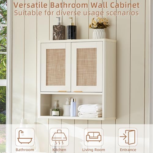 LEYAOYAO Rattan Bathroom Wall Cabinet, Boho Medicine Cabinet with Adjustable Shelve & Doors, Over The Toilet Storage Cabinets Organizer for Laundry Room, Kitchen, Living Room, White - color: White, size: 7.7"D×23.5"W×24"H