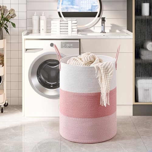 CLHMILY&Z 100L Laundry Basket Round Storage Rope Basket - 18.1x24 Inches - Pink Hamper in Bedreoom and Cute Storage Bin for Blankets, Toys, and Nursery Essentials - color: Pink & White, size: 100L