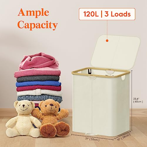 Lifewit 120L Double Laundry Hamper with Lid, Large Laundry Basket with Removable Bag & Bamboo Handles, Fodable Tall Dirty Clothes Hamper for Laundry Collapsible Bin for Bathroom Bedroom Dorm, Beige - color: Beige, size: 120L