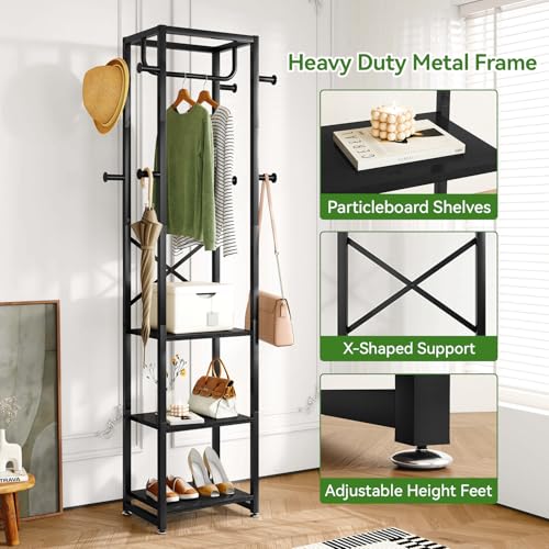 IBUYKE Coat Rack with Shelves, Freestanding Hall Tree with 3 Shelves and 8 Hooks, Industrial Clothes Stand for Entryway, Hallway, Bedroom, Black UTMJ088B - color: Black
