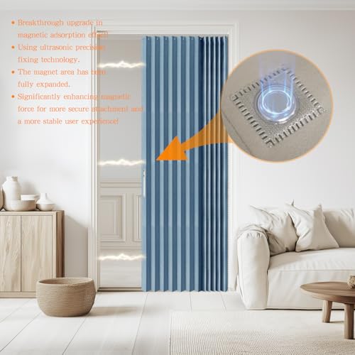Jilron Accordian Door Curtain, 100% Blackout Folding Magnetic Doorway Curtains,Linen Style Closet Doors,for Room Divider,Privacy Protection（W52 x L78,Blue,1 Panel） - color: Blue, size: 52"W x 78"L (Pack of 1)