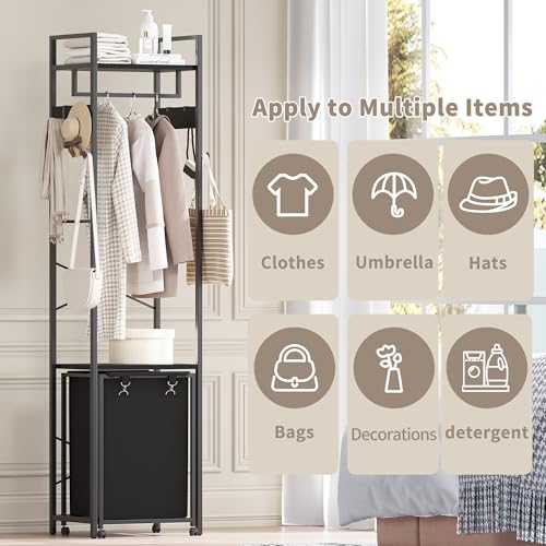 Coat Rack with Laundry Basket, Laundry Hamper Freestanding Hall Tree, Clothes Rack with Storage Shelves, 14.5 Gal Removable Bags on Wheels, Black JLH005B - color: Black