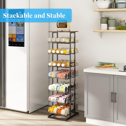 GILLAS 8 Tier with Wooden Top Water Bottle Storage with Wooden Tabletop,Metal Beverage Can Rack,Large Capacity Bottled Rack Water Bottle Holder Stand for Cabinet,Countertop Kitchen,Party,Black - size: 8 Tier With Wooden Top