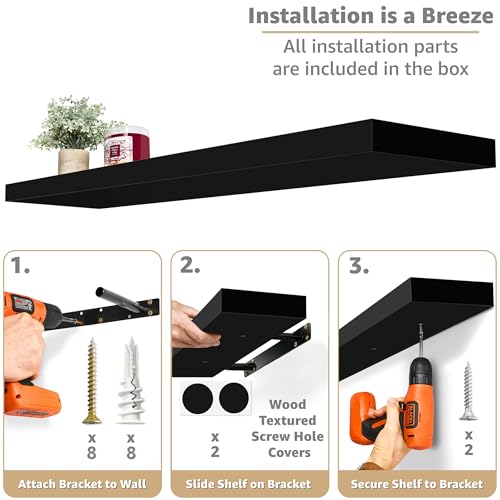 Sorbus Floating Shelves for Wall - 35 Inch Long Bathroom Shelves, Wall Decor for Bedroom, Kitchen, Living Room & Book Storage - Mounted Floating Shelf with Invisible Brackets (Black, 3 Pack) - color: Black, size: 35 Inch, style: 3 Pack